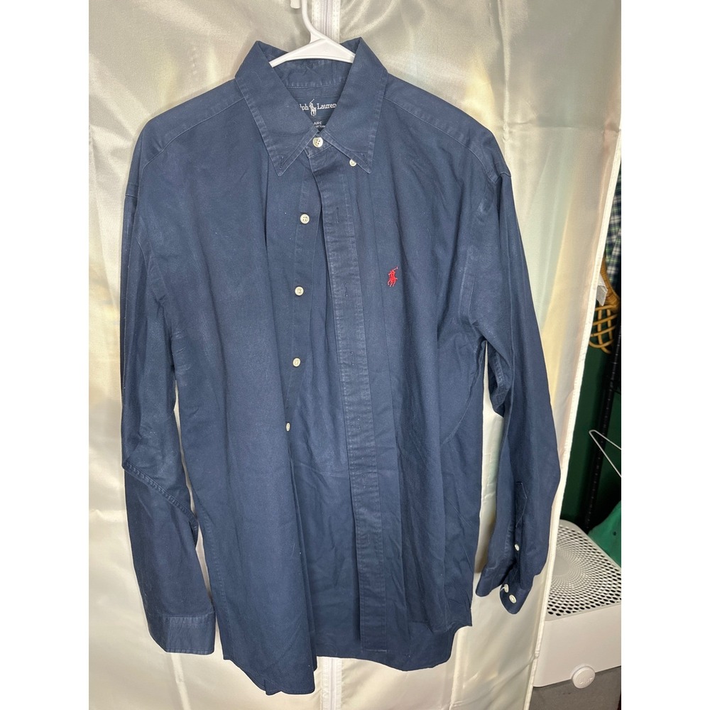Ralph Lauren Blaire Mens Medium Navy Blue Cotton Button Down Shirt Red Pony Logo